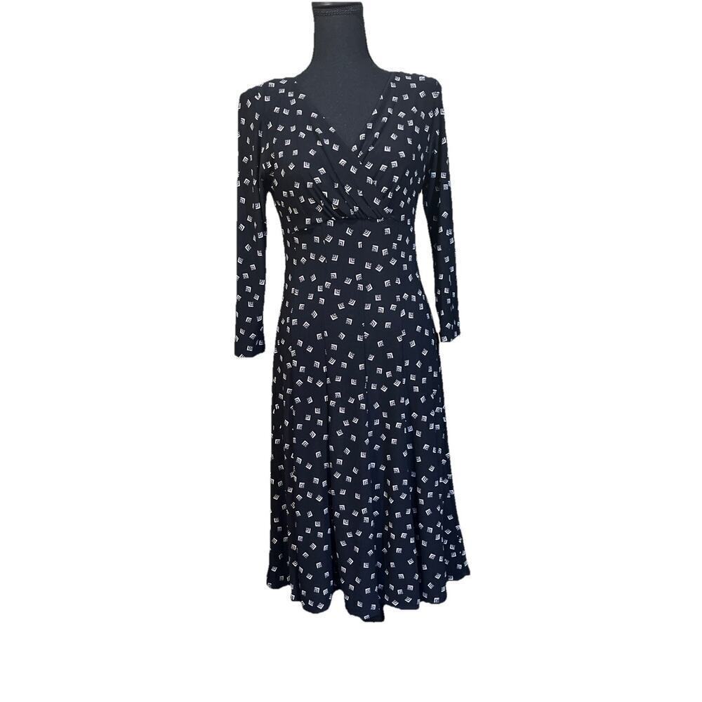 Lauren Ralph Lauren Babydoll Y2K Geometric Midi Dress Black Womens Sz 6 Stretch